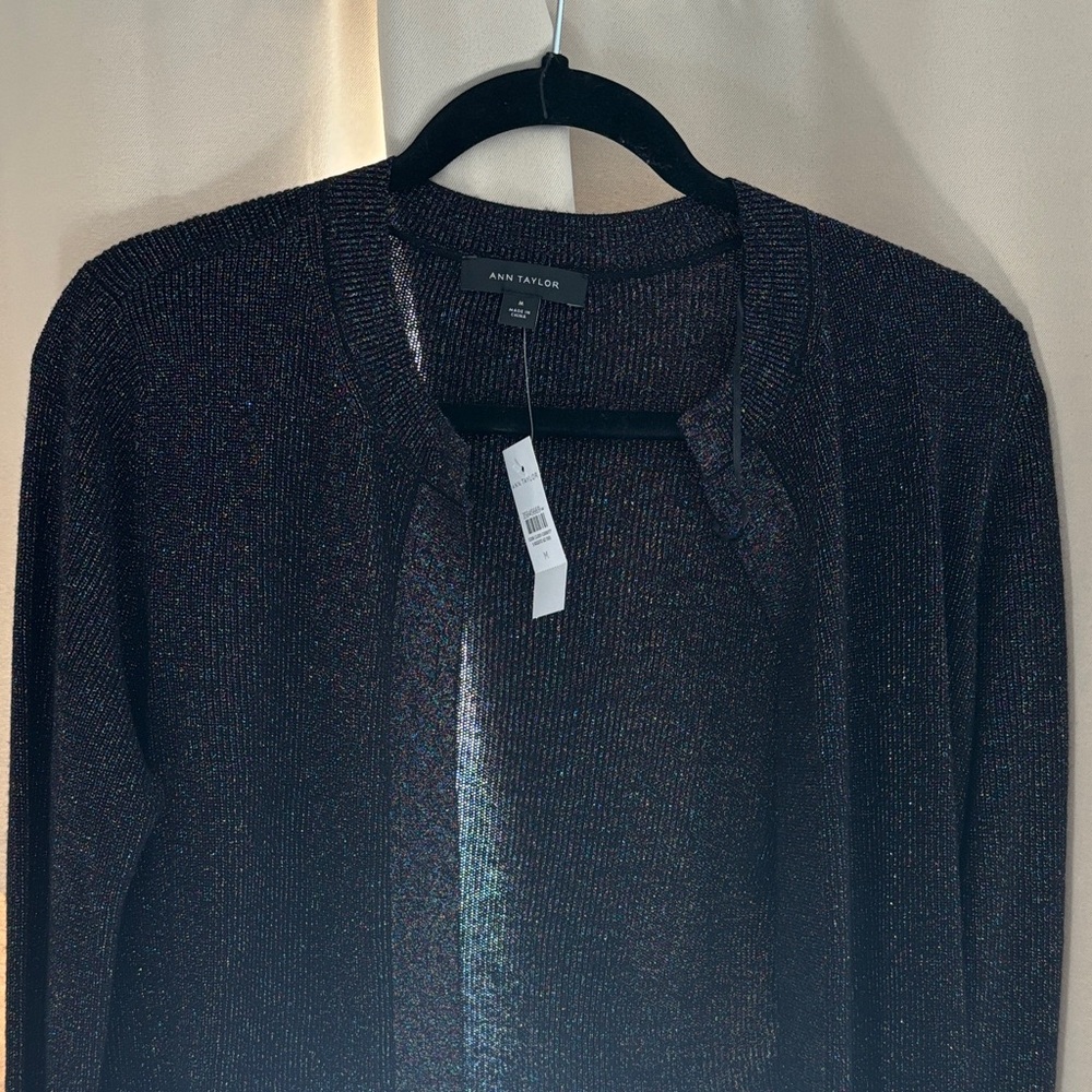 Ann Taylor Shimmering Black Open Cardigan